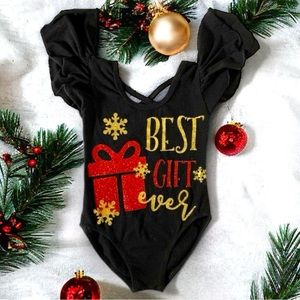 👚2/$10👗3/$12 Best Gift Ever Flutter Sleeve Leotard w/ Gold & Red Glitter Font